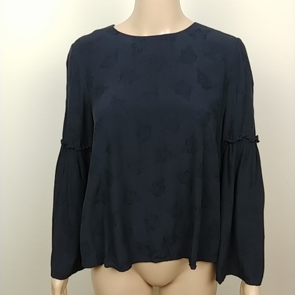 Topshop Tops - TOPSHOP | Embroidered Bell sleeve Navy Keyhole top